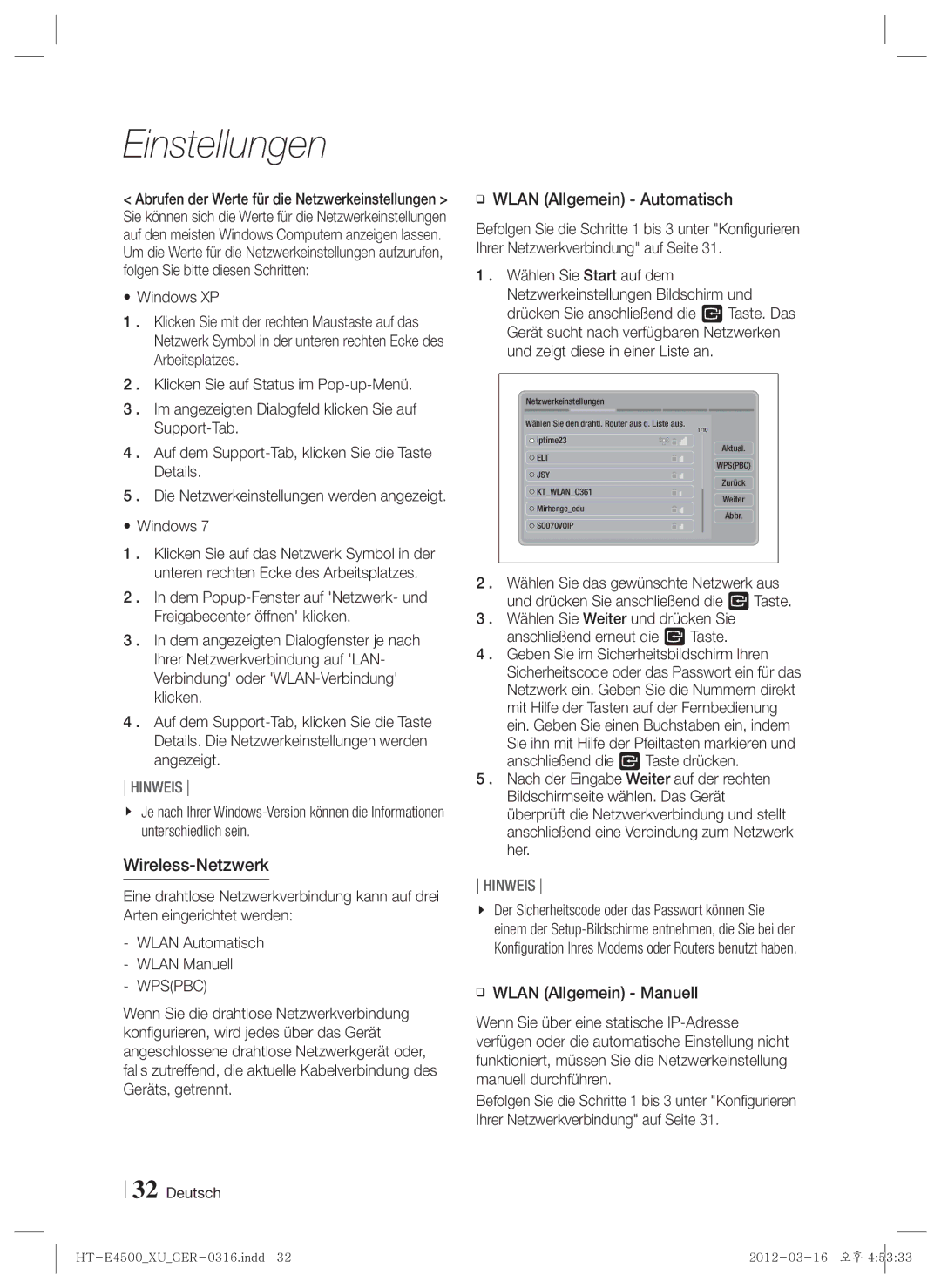 Samsung HT-E4500/EN, HT-E4550/EN, HT-E4500/XN, HT-E4550/ZF, HT-E4500/ZF manual Wireless-Netzwerk, Wlan Allgemein Automatisch 