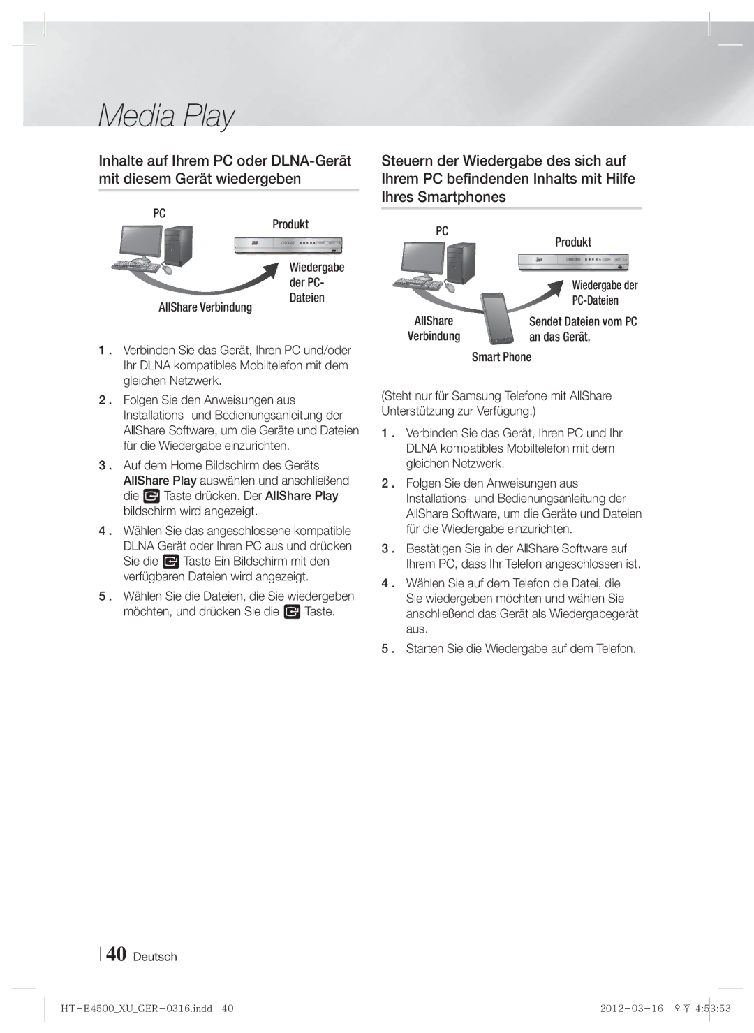 Samsung HT-E4550/ZF, HT-E4500/EN, HT-E4550/EN Produkt, PC-Dateien, An das Gerät, Smart Phone, Wiedergabe der PC- Dateien 