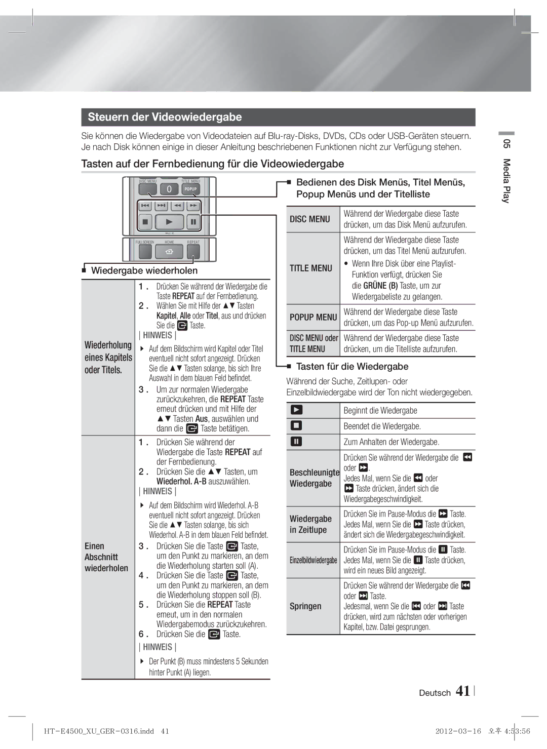 Samsung HT-E4500/ZF, HT-E4500/EN manual Steuern der Videowiedergabe, Tasten auf der Fernbedienung für die Videowiedergabe 