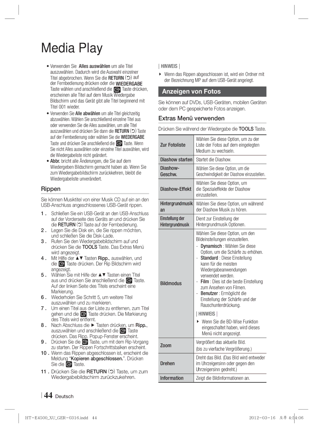 Samsung HT-E4500/XN, HT-E4500/EN, HT-E4550/EN, HT-E4550/ZF, HT-E4500/ZF manual Anzeigen von Fotos 