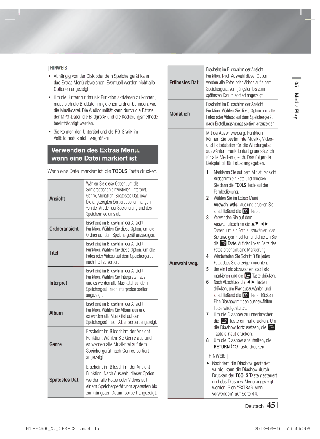 Samsung HT-E4550/ZF, HT-E4500/EN, HT-E4550/EN, HT-E4500/XN manual Verwenden des Extras Menü Wenn eine Datei markiert ist 