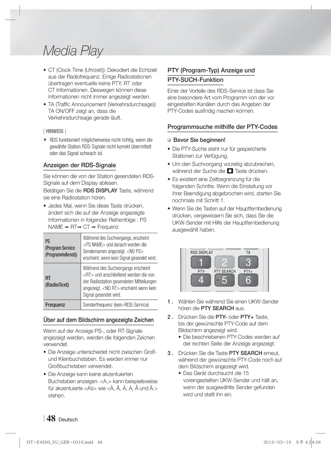 Samsung HT-E4550/EN, HT-E4500/EN, HT-E4500/XN manual Anzeigen der RDS-Signale, PTY Program-Typ Anzeige und PTY-SUCH-Funktion 