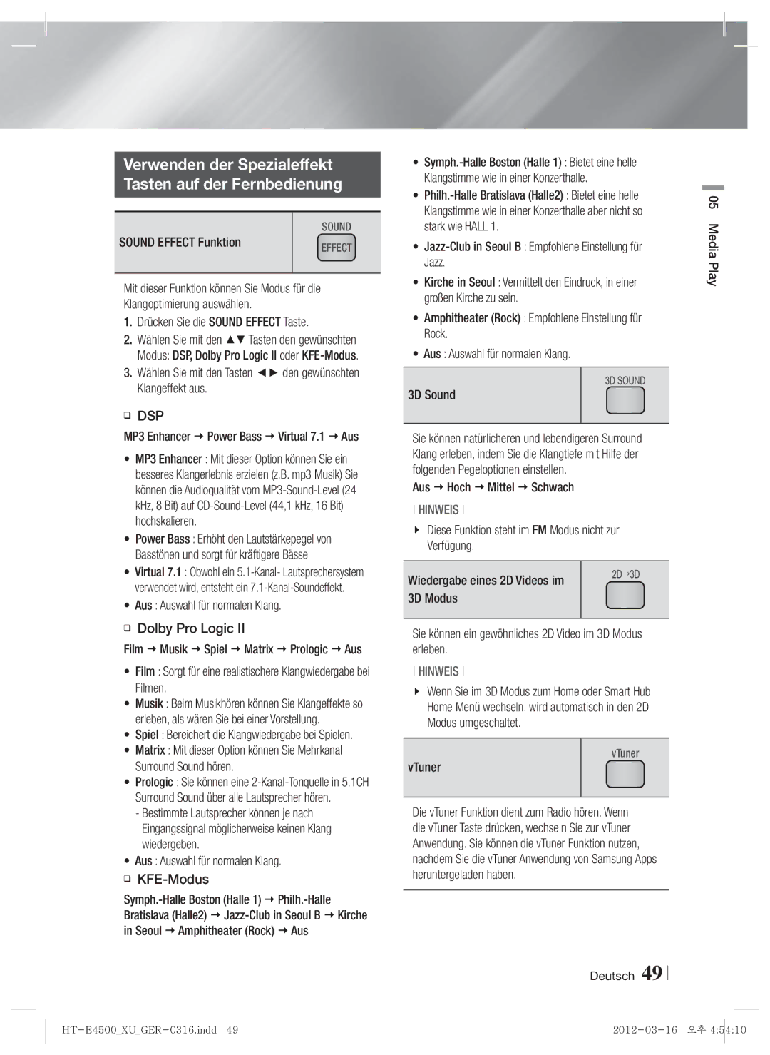 Samsung HT-E4500/XN, HT-E4500/EN, HT-E4550/EN, HT-E4550/ZF manual Verwenden der Spezialeffekt Tasten auf der Fernbedienung 