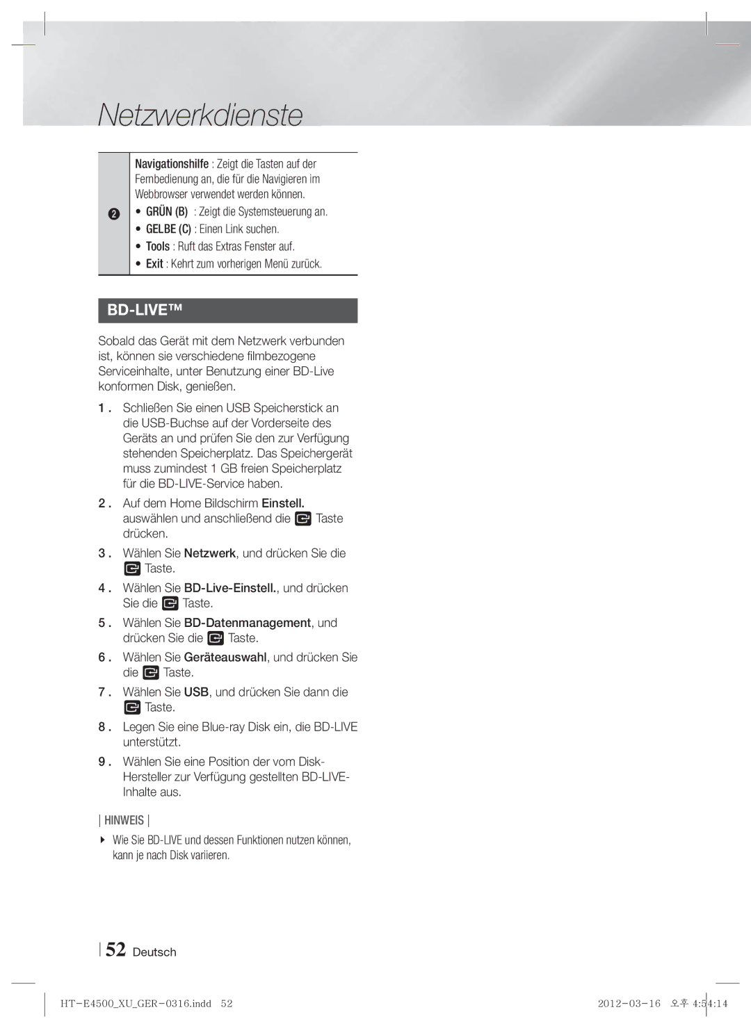 Samsung HT-E4500/EN, HT-E4550/EN, HT-E4500/XN, HT-E4550/ZF, HT-E4500/ZF manual Bd-Live 