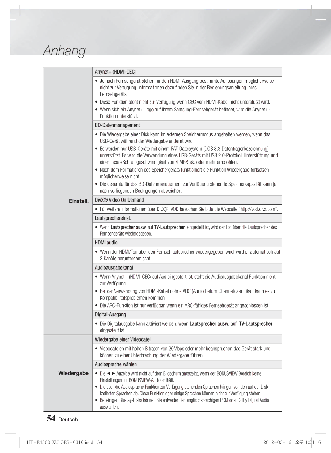 Samsung HT-E4500/XN, HT-E4500/EN, HT-E4550/EN, HT-E4550/ZF, HT-E4500/ZF manual Einstell 