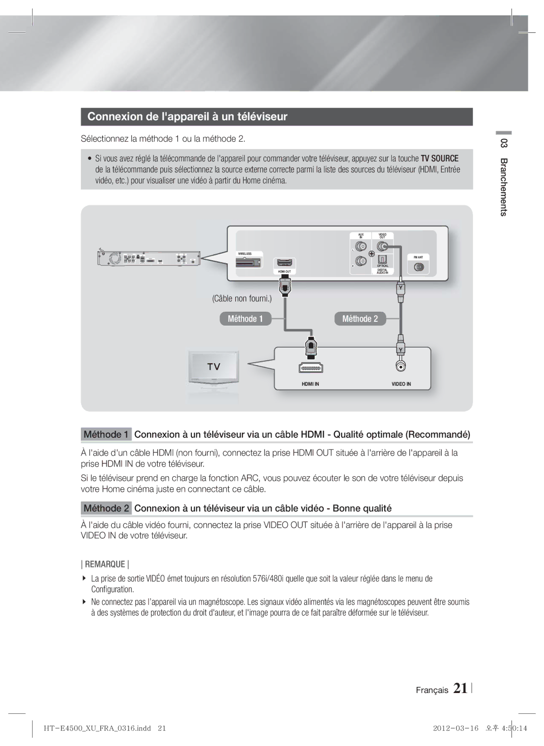 Samsung HT-E4550/EN Connexion de lappareil à un téléviseur, Sélectionnez la méthode 1 ou la méthode, Câble non fourni 