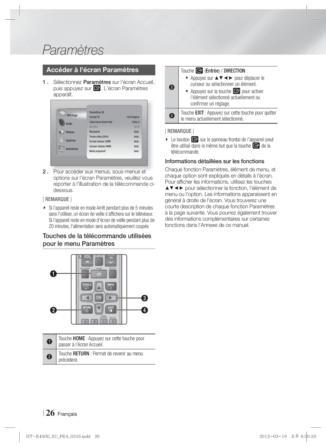 Samsung HT-E4550/EN, HT-E4500/EN Accéder à lécran Paramètres, Touches de la télécommande utilisées pour le menu Paramètres 