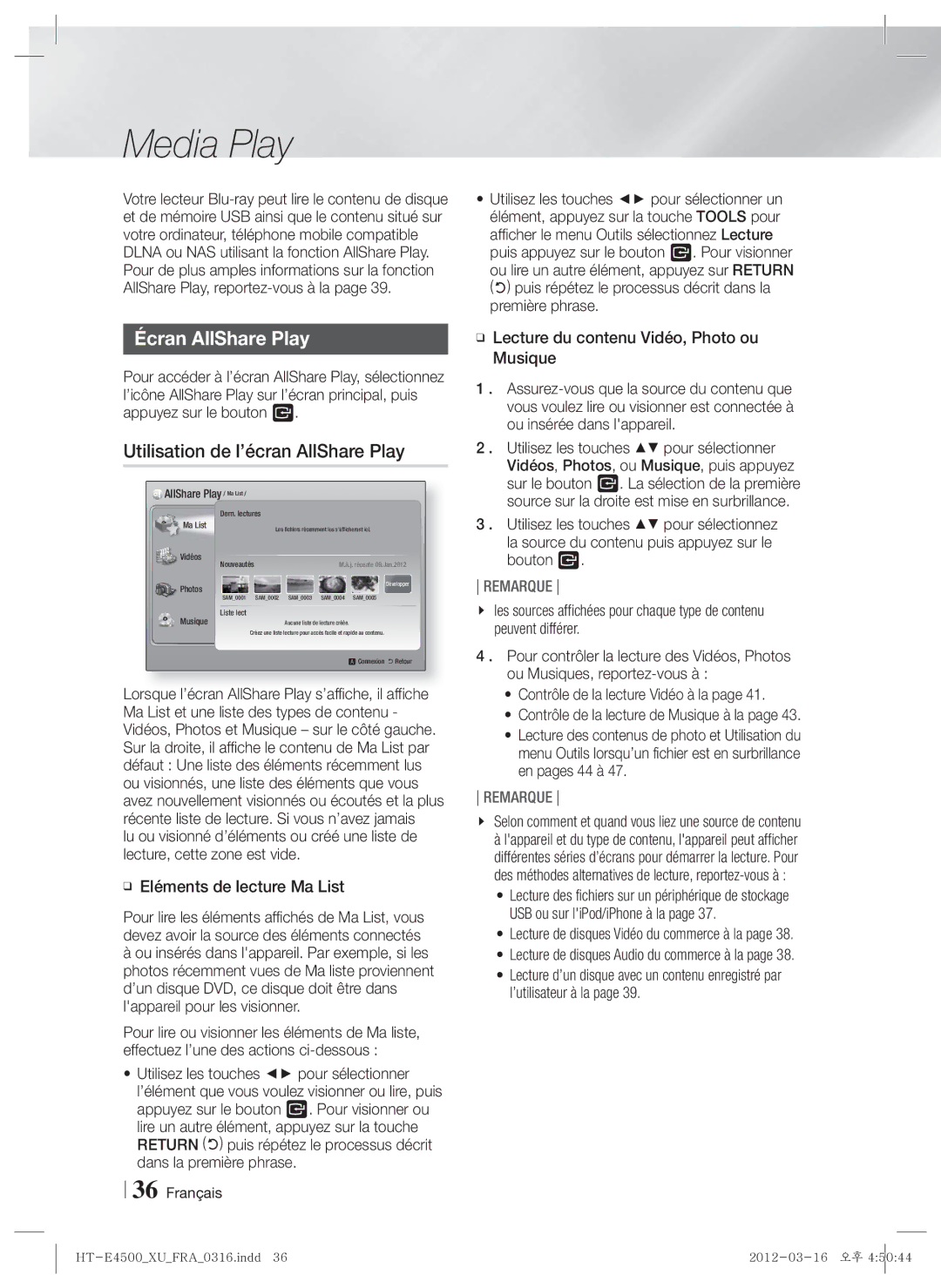 Samsung HT-E4550/EN, HT-E4500/EN, HT-E4500/XN manual Media Play, Écran AllShare Play, Utilisation de l’écran AllShare Play 