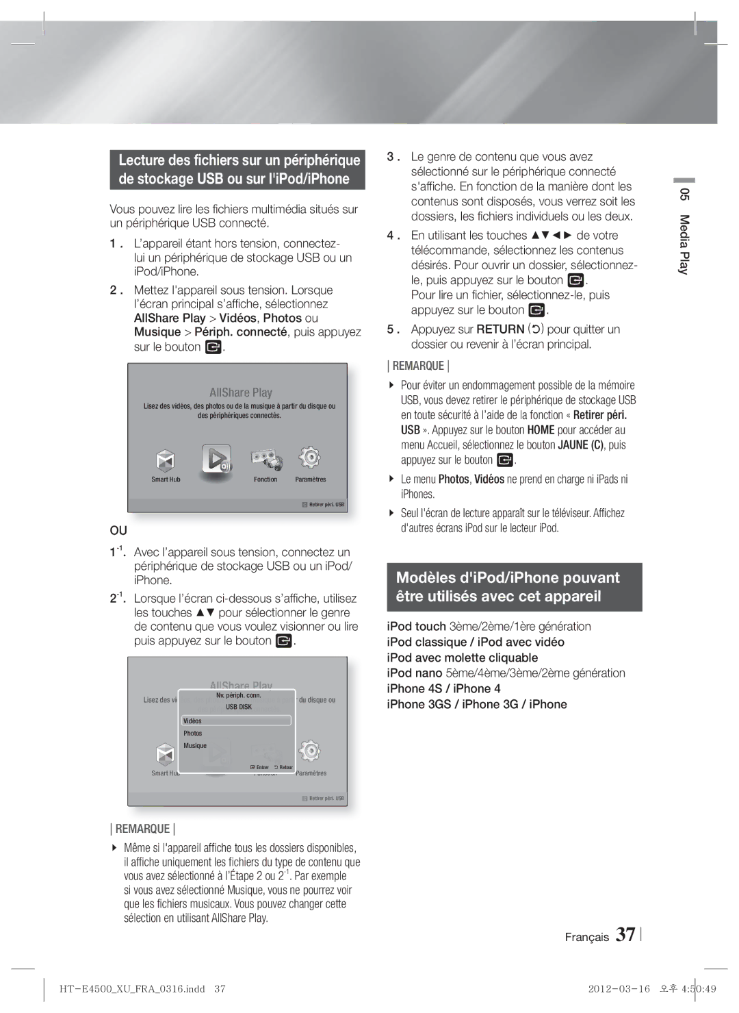 Samsung HT-E4500/XN, HT-E4500/EN manual Modèles diPod/iPhone pouvant Être utilisés avec cet appareil, Français Media Play 