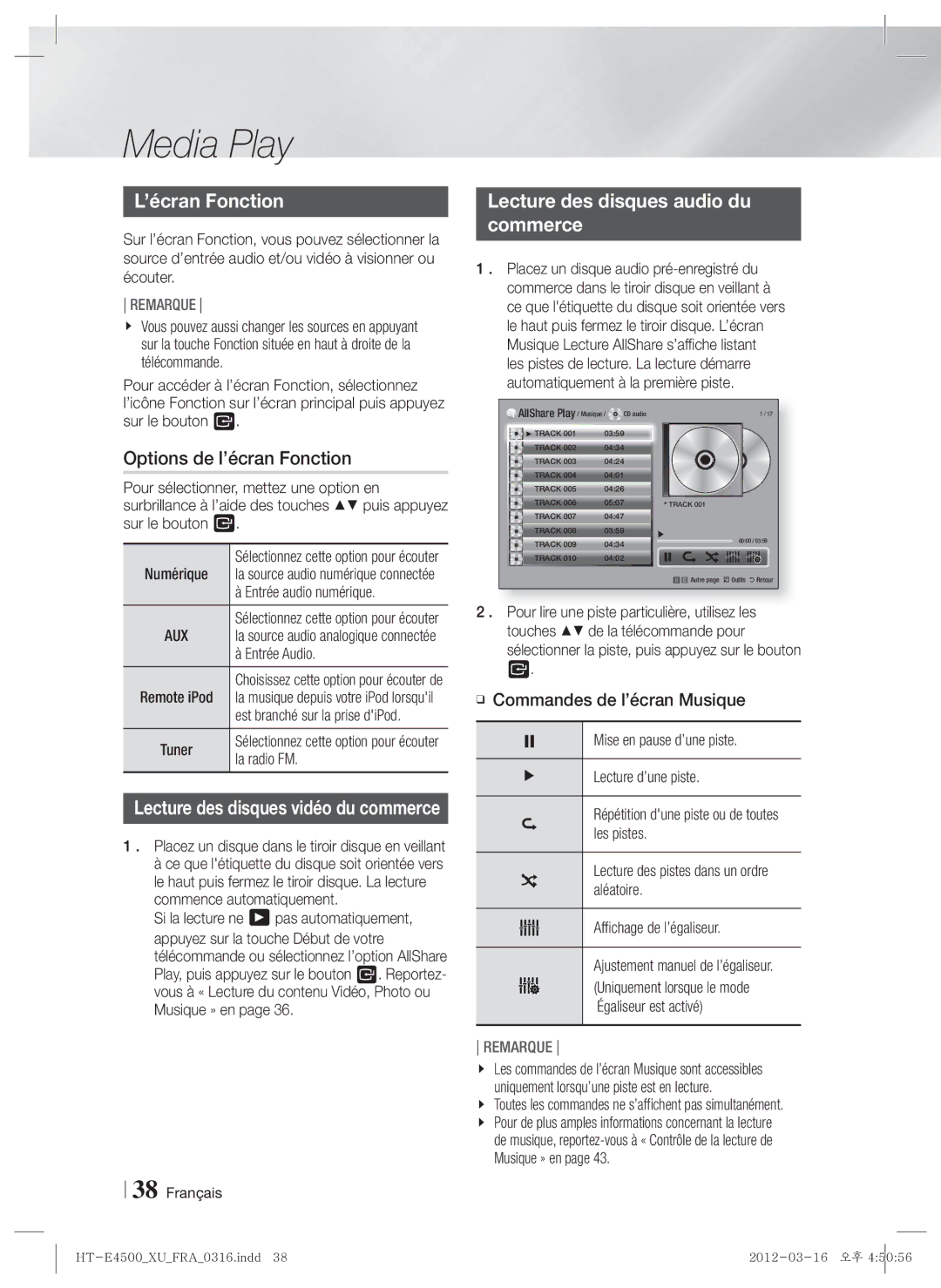 Samsung HT-E4550/ZF Options de l’écran Fonction, Lecture des disques audio du Commerce, Commandes de l’écran Musique 