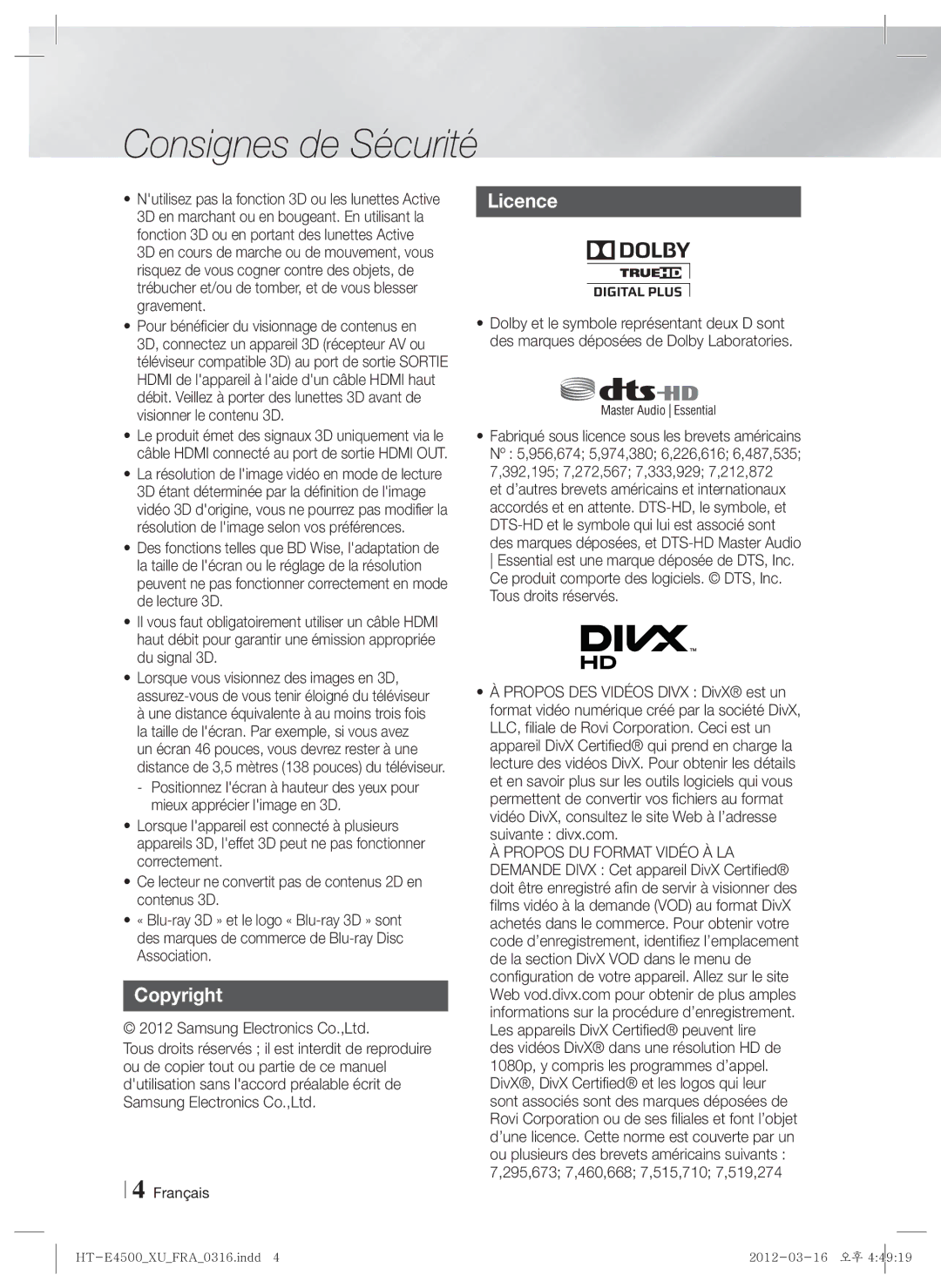 Samsung HT-E4500/ZF, HT-E4500/EN, HT-E4550/EN, HT-E4500/XN, HT-E4550/ZF manual Copyright, Licence 