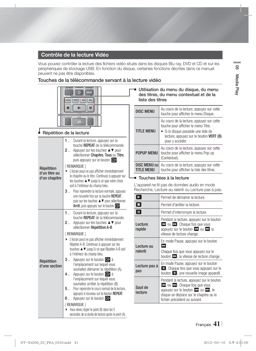 Samsung HT-E4550/EN manual Contrôle de la lecture Vidéo, Touches de la télécommande servant à la lecture vidéo, Disc Menu 