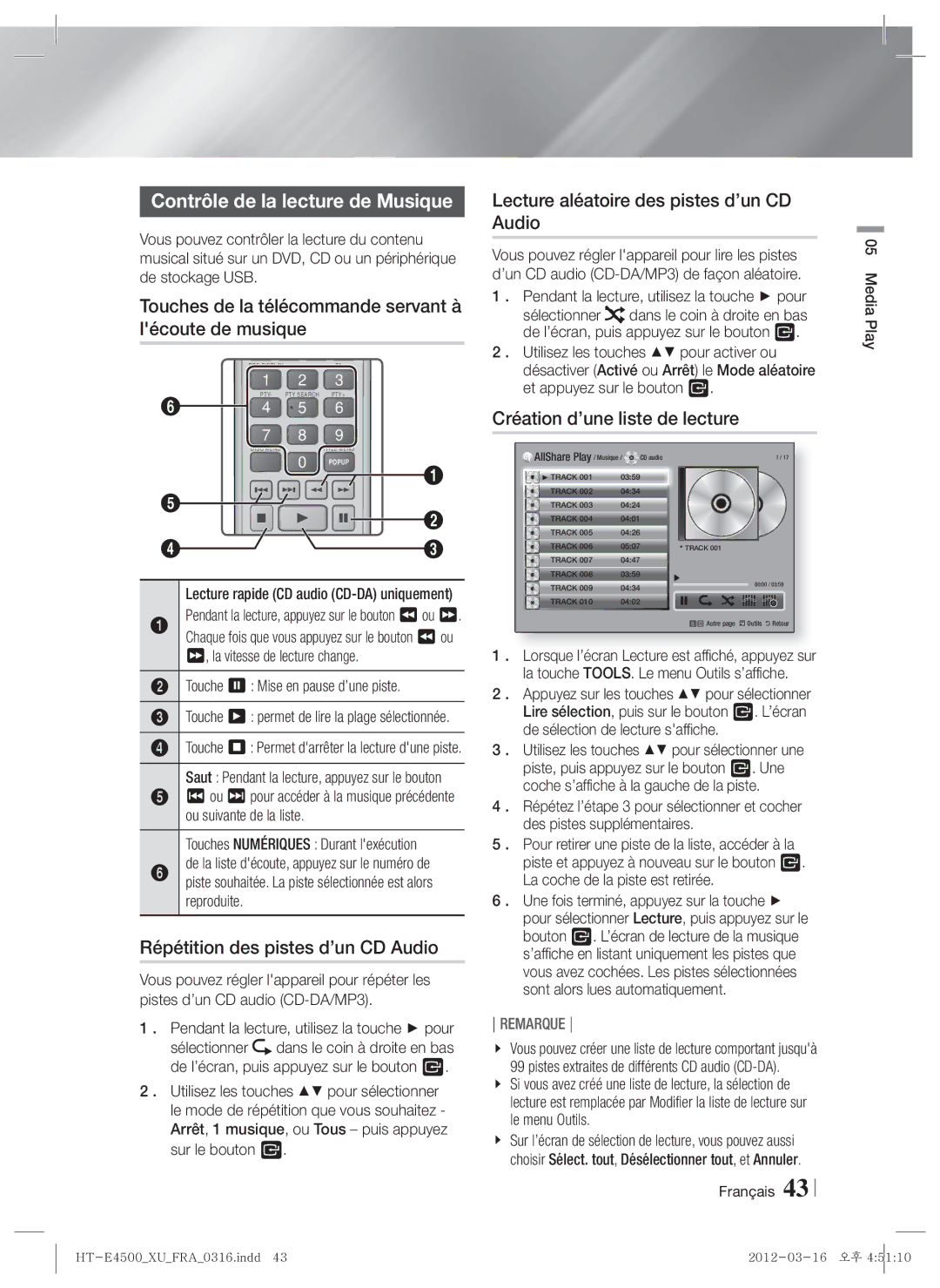 Samsung HT-E4550/ZF manual Contrôle de la lecture de Musique, Touches de la télécommande servant à lécoute de musique 