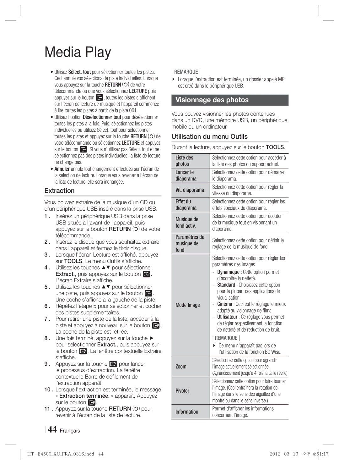 Samsung HT-E4500/ZF, HT-E4500/EN, HT-E4550/EN, HT-E4500/XN, HT-E4550/ZF manual Extraction, Visionnage des photos 