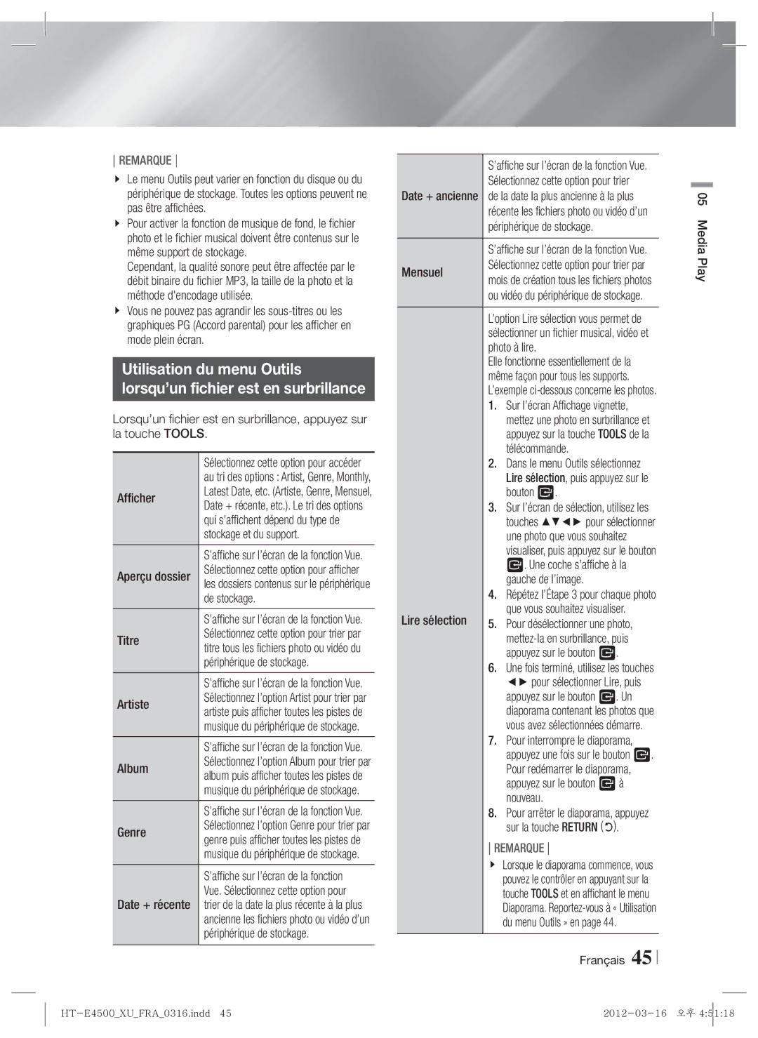 Samsung HT-E4500/EN Afficher, Stockage et du support, De stockage, Titre, Périphérique de stockage, Artiste, Album, Genre 