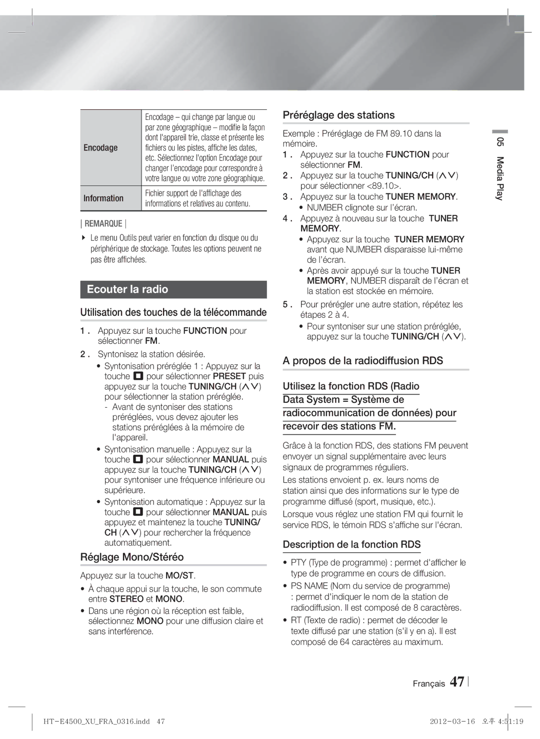 Samsung HT-E4500/XN manual Ecouter la radio, Réglage Mono/Stéréo, Préréglage des stations, Propos de la radiodiffusion RDS 