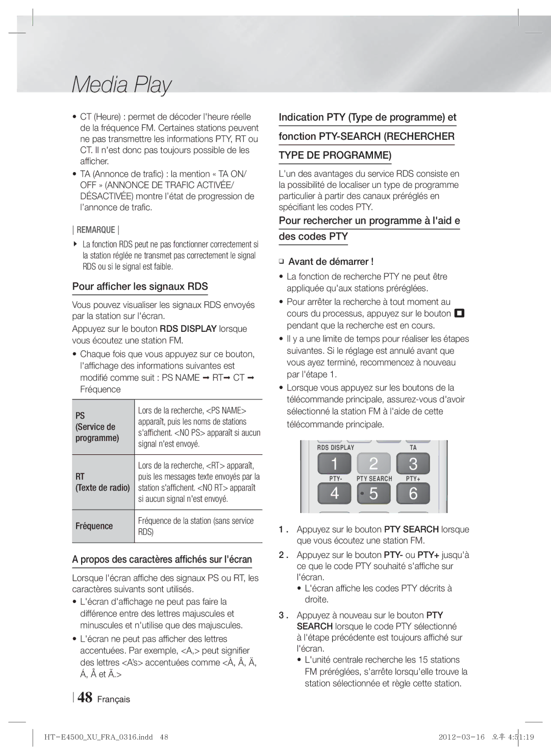 Samsung HT-E4550/ZF, HT-E4500/EN Pour afficher les signaux RDS, Pour rechercher un programme à laid e Des codes PTY, Rds 