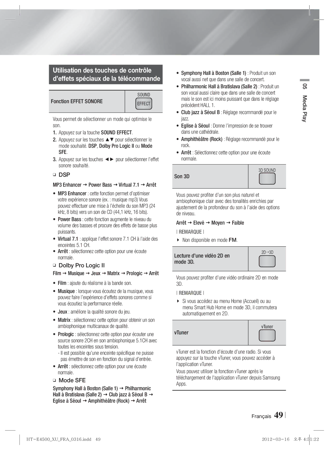 Samsung HT-E4500/ZF, HT-E4500/EN, HT-E4550/EN, HT-E4500/XN, HT-E4550/ZF manual Utilisation des touches de contrôle, Dsp 