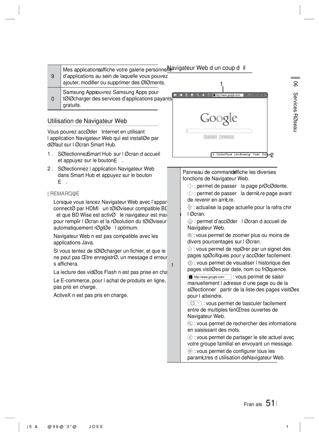 Samsung HT-E4550/EN Utilisation de Navigateur Web, Navigateur Web d’un coup d’œil, Samsung Apps ouvrez Samsung Apps pour 