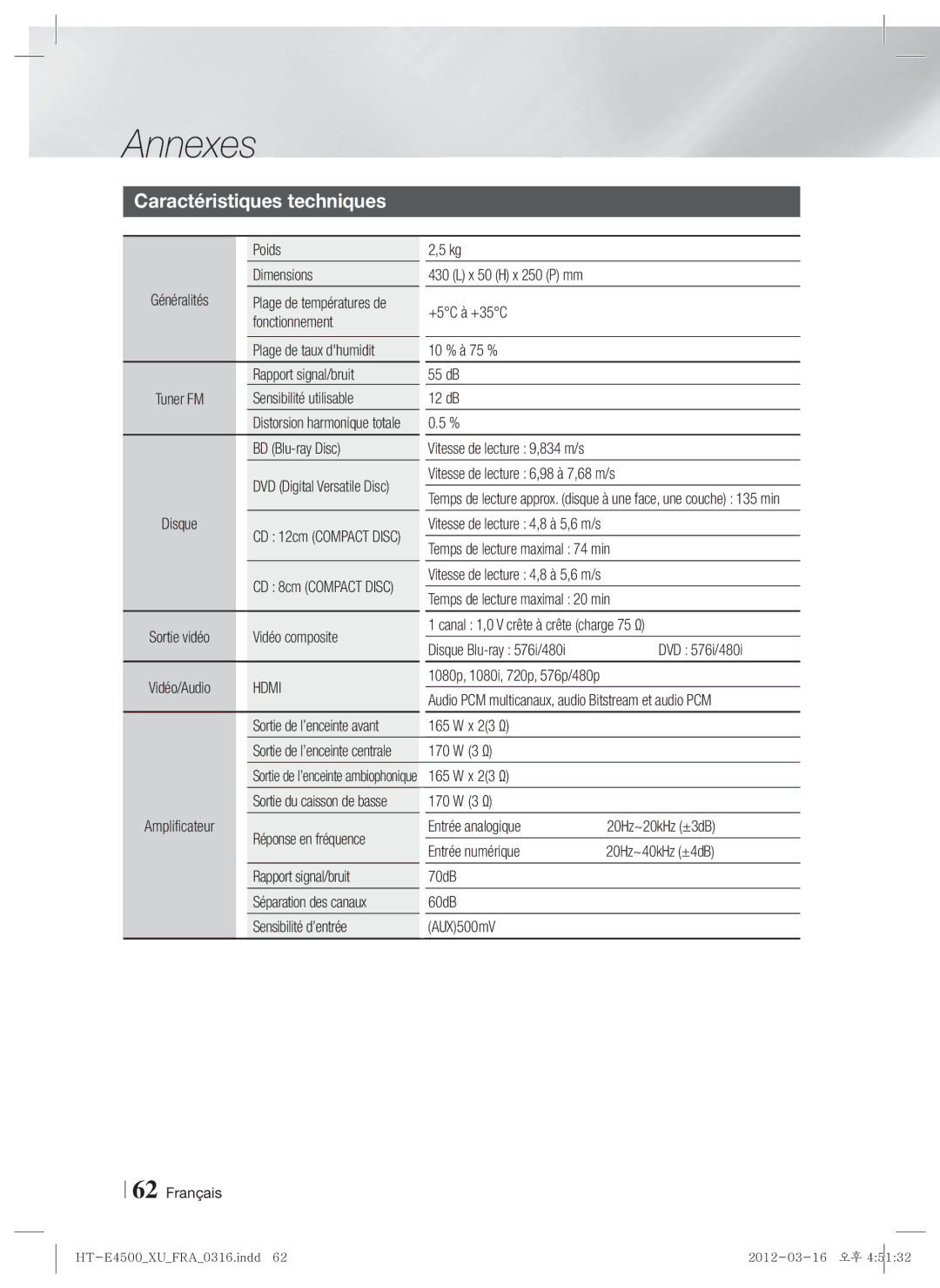 Samsung HT-E4500/XN, HT-E4500/EN, HT-E4550/EN, HT-E4550/ZF, HT-E4500/ZF manual Caractéristiques techniques, Hdmi 