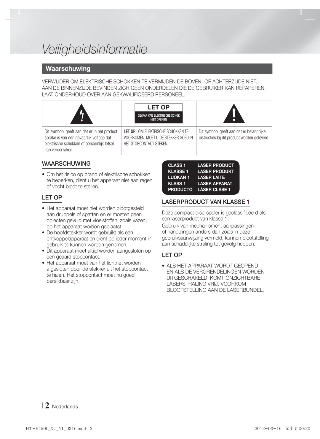 Samsung HT-E4550/EN, HT-E4500/EN, HT-E4500/XN, HT-E4550/ZF Veiligheidsinformatie, Waarschuwing, Kan veroorzaken, Nederlands 