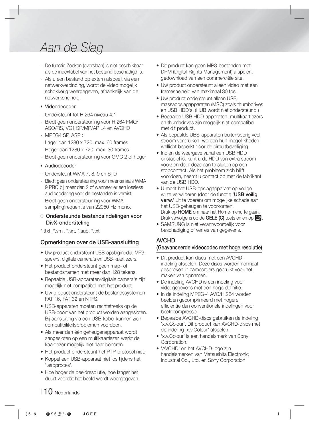 Samsung HT-E4500/ZF, HT-E4500/EN manual Opmerkingen over de USB-aansluiting, Geavanceerde videocodec met hoge resolutie 