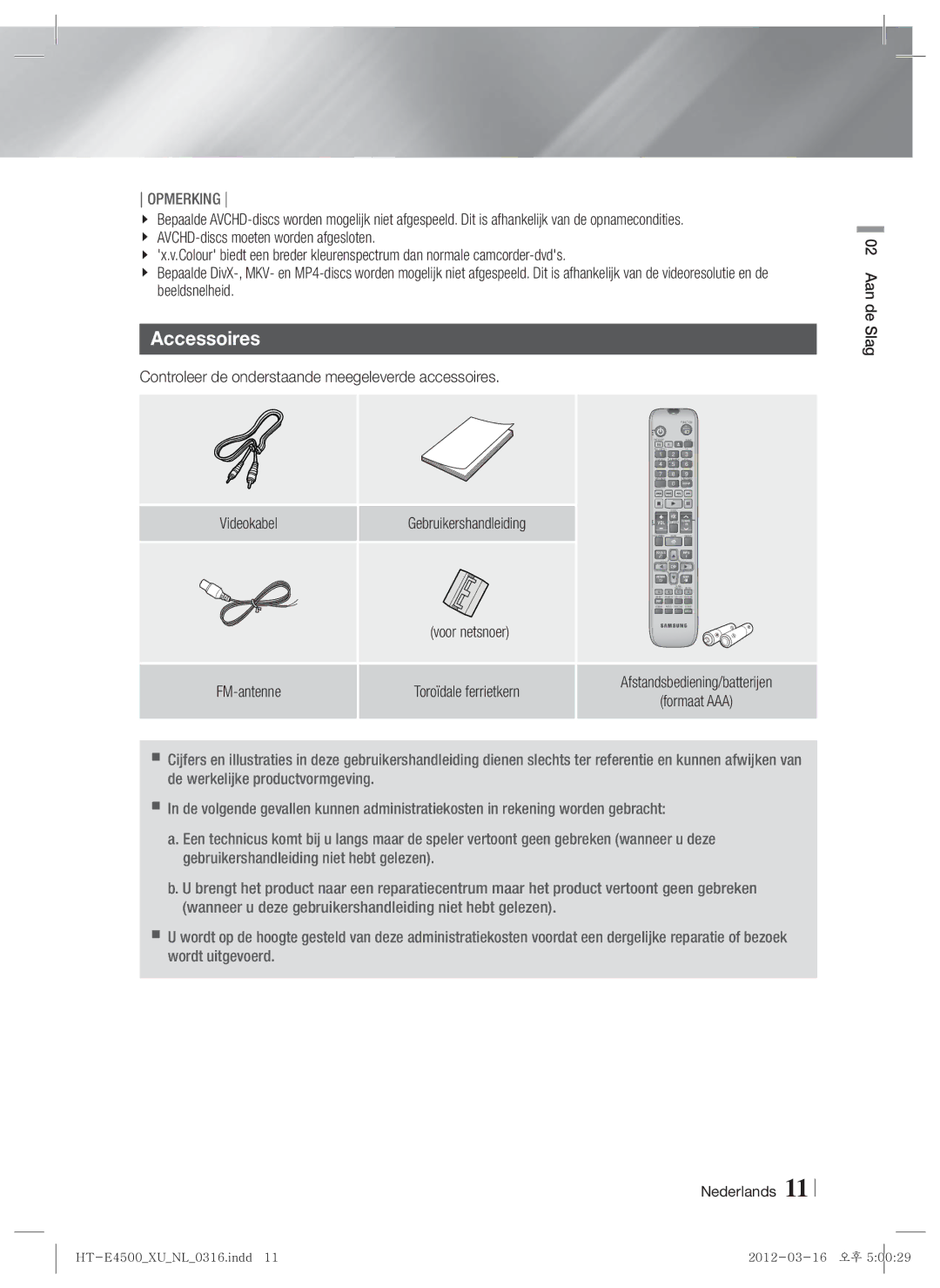 Samsung HT-E4500/EN, HT-E4550/EN manual Controleer de onderstaande meegeleverde accessoires, Voor netsnoer, Formaat AAA 