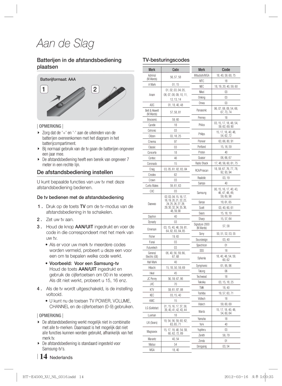 Samsung HT-E4550/ZF manual Batterijen in de afstandsbediening plaatsen, De afstandsbediening instellen, TV-besturingscodes 