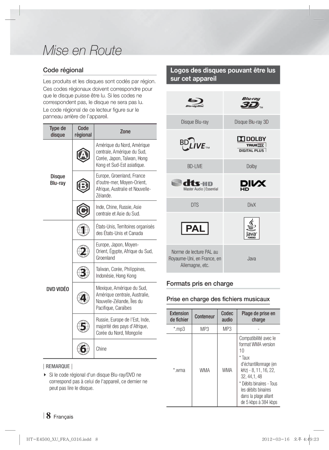 Samsung HT-E4550/ZF manual Code régional, Logos des disques pouvant être lus Sur cet appareil, Formats pris en charge, Dts 