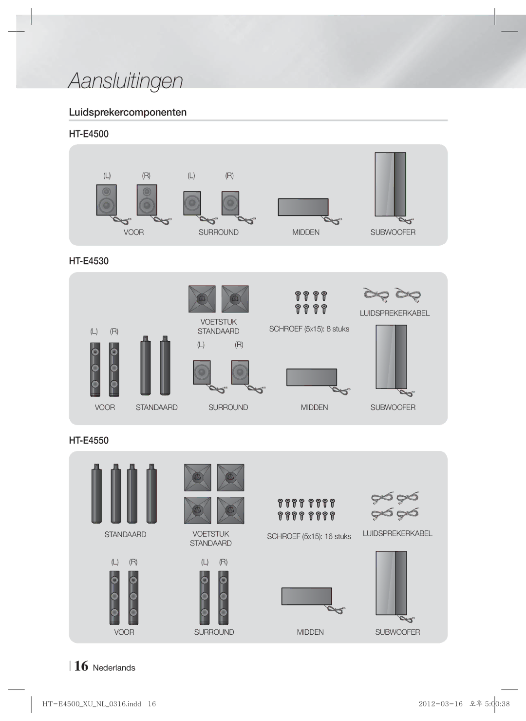 Samsung HT-E4500/EN, HT-E4550/EN, HT-E4500/XN, HT-E4550/ZF, HT-E4500/ZF manual Luidsprekercomponenten 