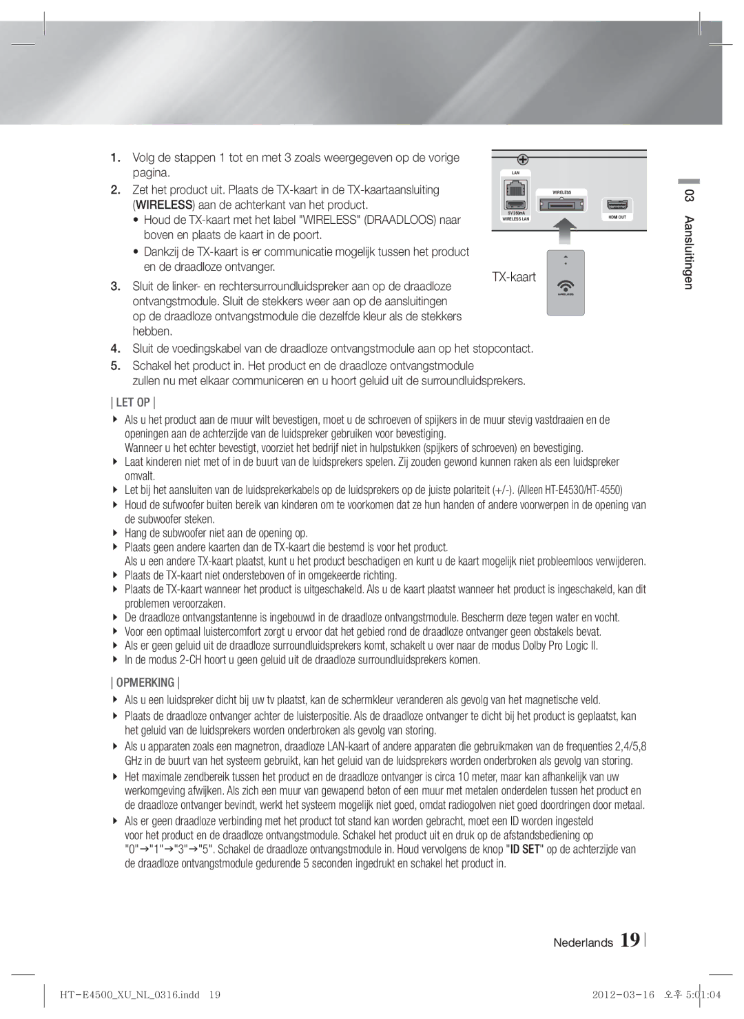 Samsung HT-E4550/ZF, HT-E4500/EN, HT-E4550/EN manual Wireless aan de achterkant van het product, Nederlands Aansluitingen 