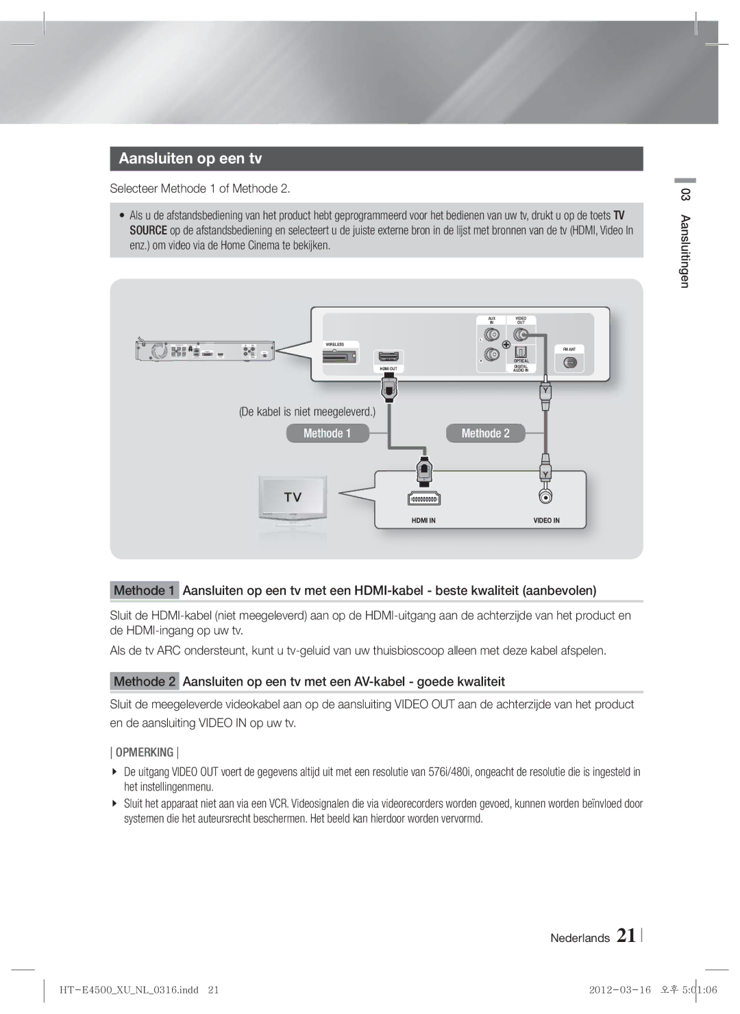 Samsung HT-E4500/EN, HT-E4550/EN manual Aansluiten op een tv, Selecteer Methode 1 of Methode, De kabel is niet meegeleverd 