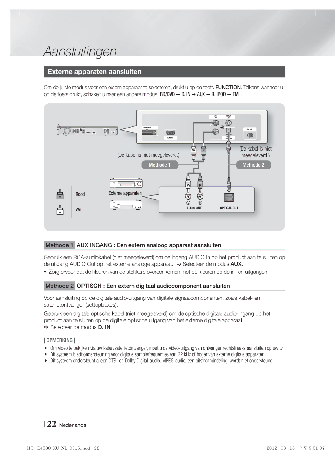 Samsung HT-E4550/EN, HT-E4500/EN, HT-E4500/XN Externe apparaten aansluiten, De kabel is niet,  Selecteer de modus D, Rood 