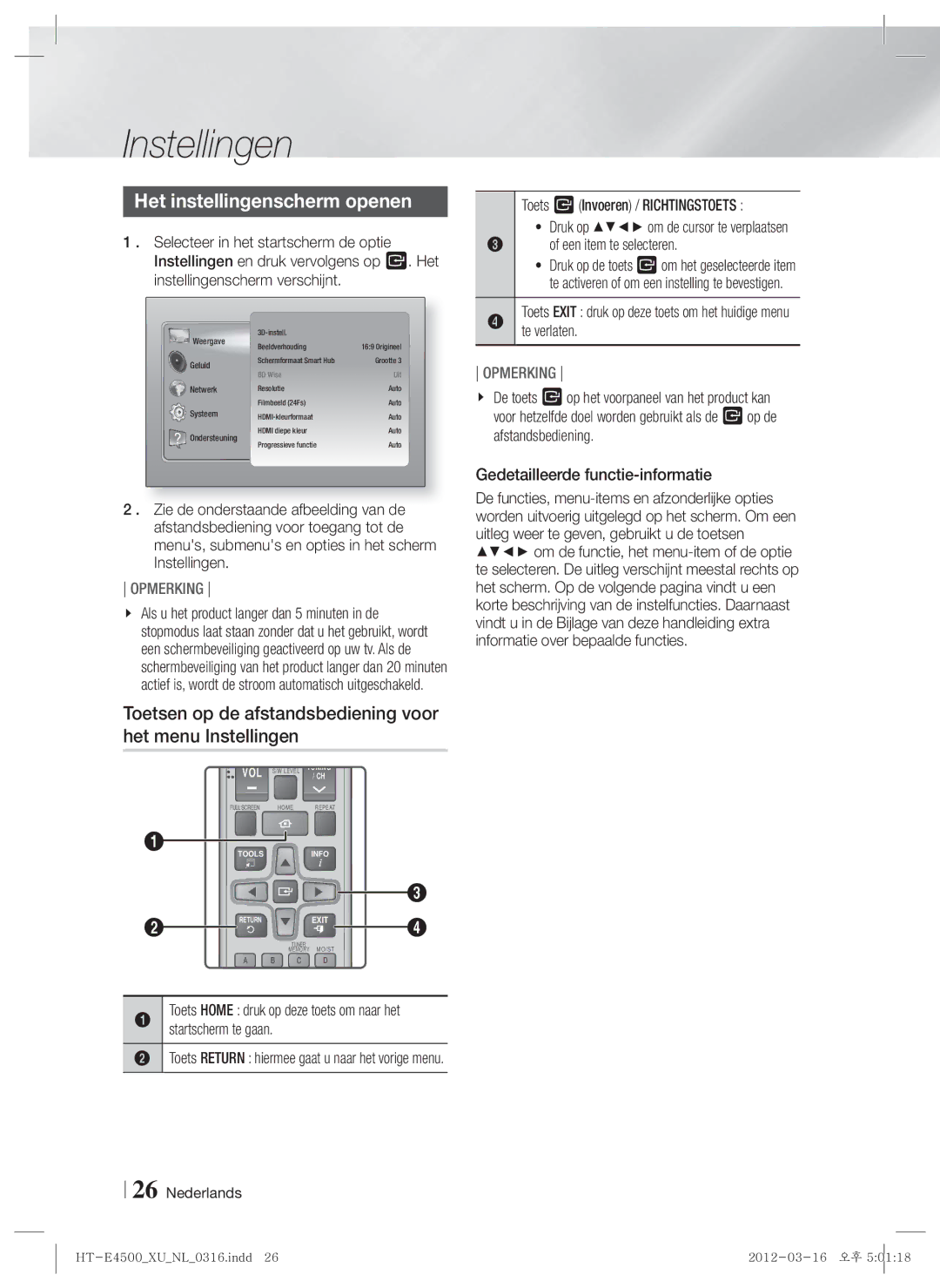 Samsung HT-E4500/EN, HT-E4550/EN Het instellingenscherm openen, Toetsen op de afstandsbediening voor het menu Instellingen 