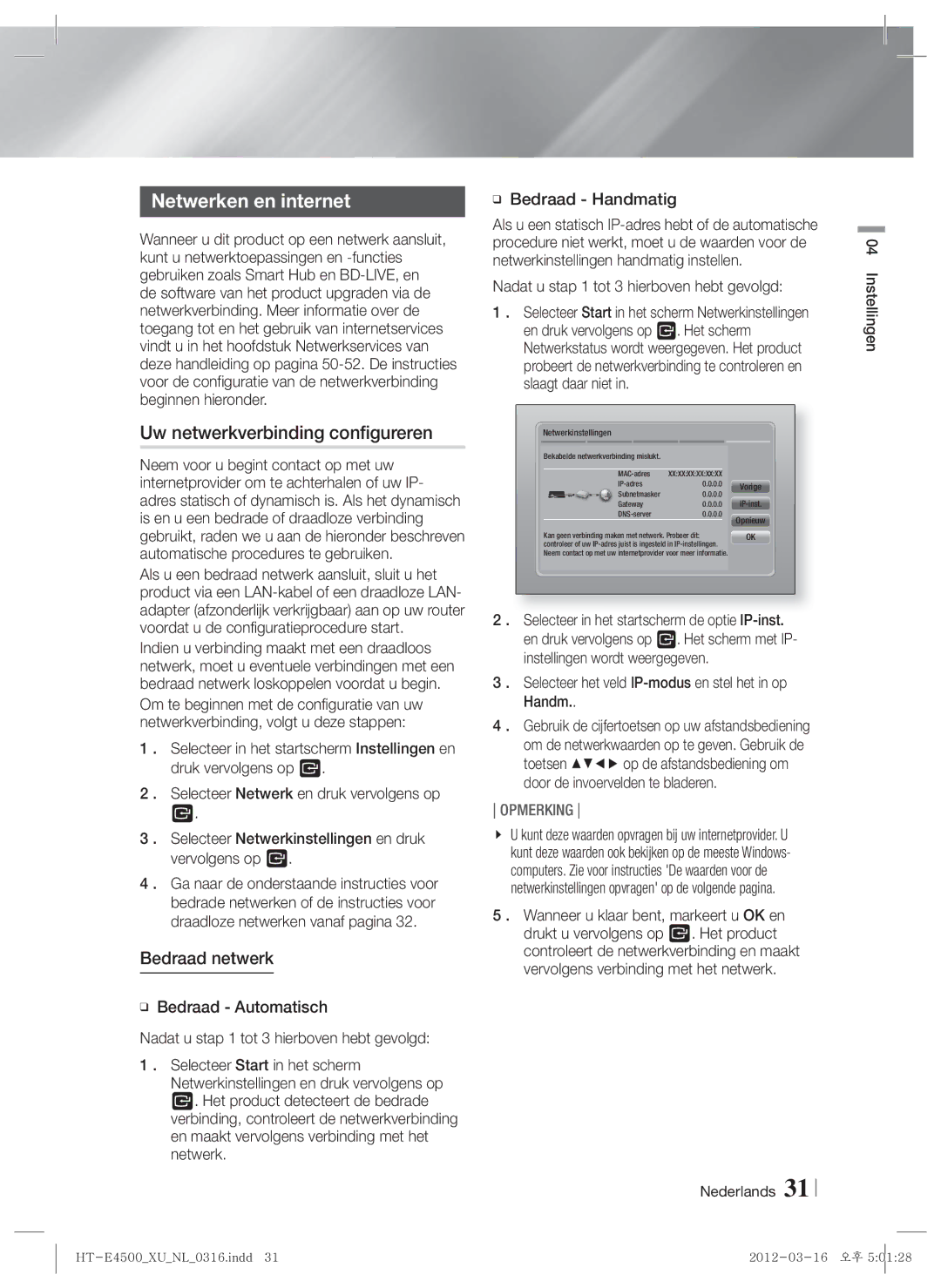 Samsung HT-E4500/EN, HT-E4550/EN, HT-E4500/XN Netwerken en internet, Uw netwerkverbinding configureren, Bedraad netwerk 