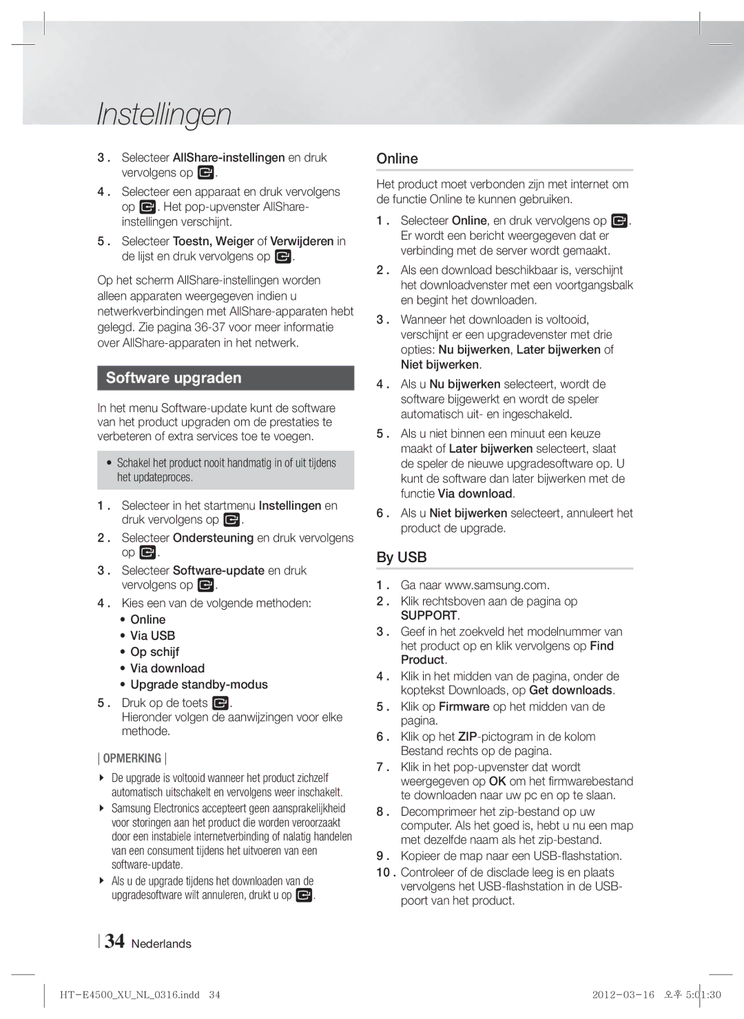 Samsung HT-E4550/ZF, HT-E4500/EN, HT-E4550/EN Software upgraden, Online, By USB, Klik rechtsboven aan de pagina op, Support 