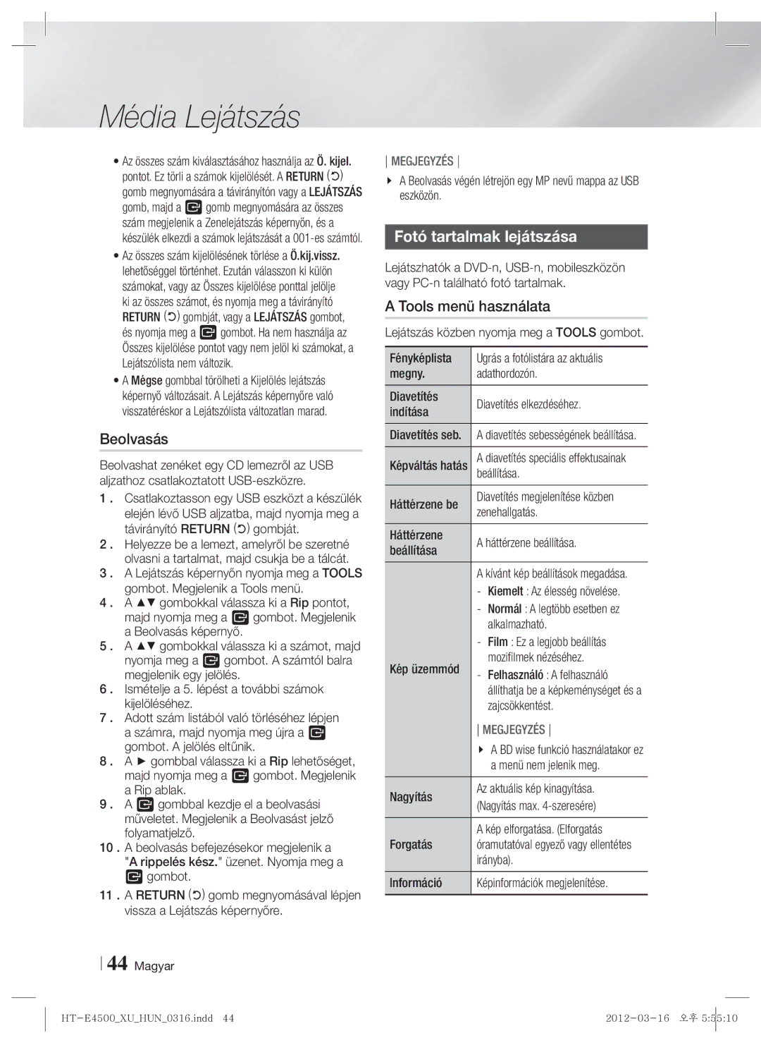 Samsung HT-E4500/EN, HT-E4550/EN manual Beolvasás, Fotó tartalmak lejátszása 