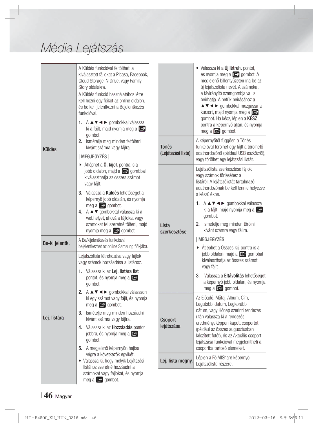 Samsung HT-E4500/EN Story oldalakra, Funkcióval, Küldés, Kívánt számra vagy fájlra, Vagy fájlt, Pontot, és nyomja meg a E 