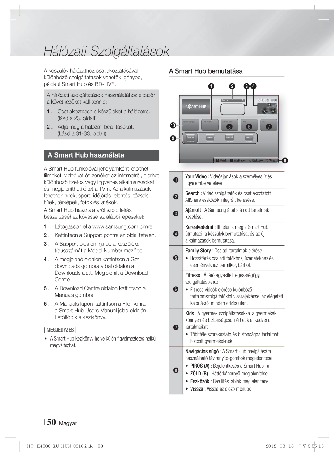 Samsung HT-E4500/EN, HT-E4550/EN manual Hálózati Szolgáltatások, Smart Hub használata, Smart Hub bemutatása, Tartalmaikat 