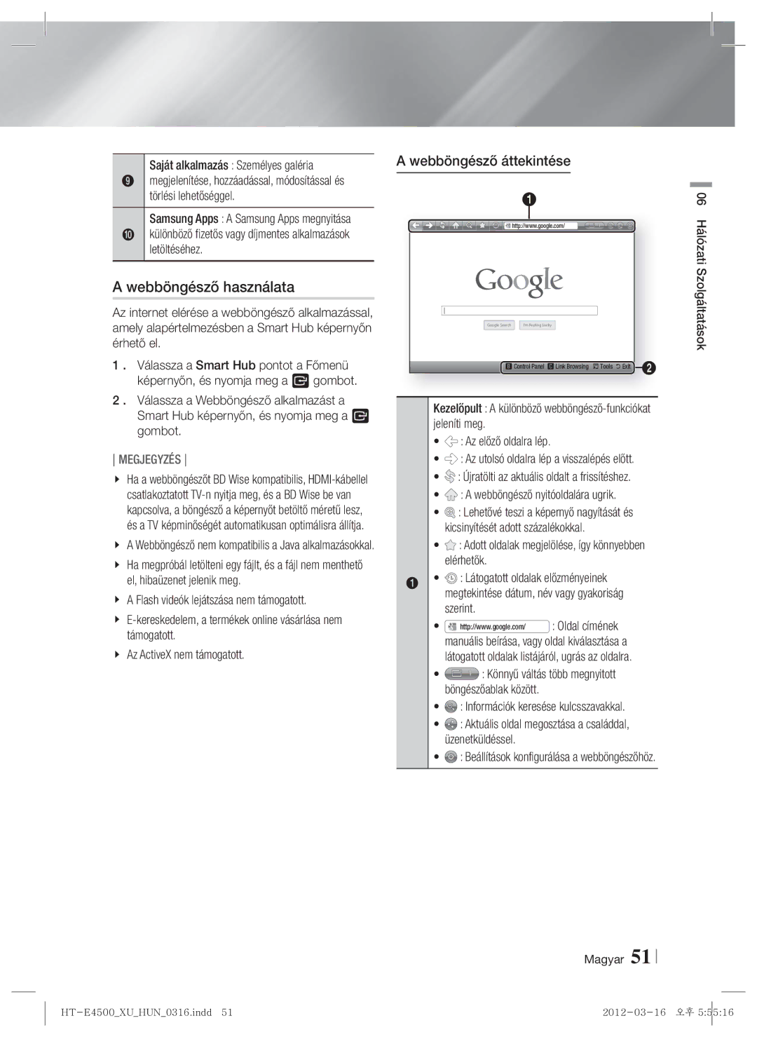 Samsung HT-E4550/EN, HT-E4500/EN manual Webböngésző használata, Webböngésző áttekintése, Saját alkalmazás Személyes galéria 