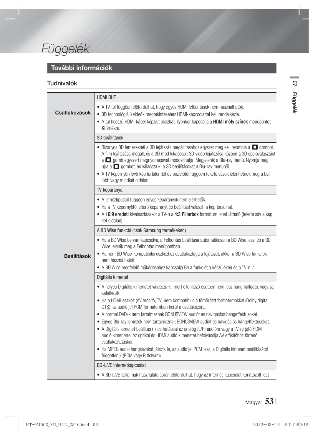 Samsung HT-E4550/EN, HT-E4500/EN manual További információk, Tudnivalók, Hdmi OUT, Magyar 07 Függelék 