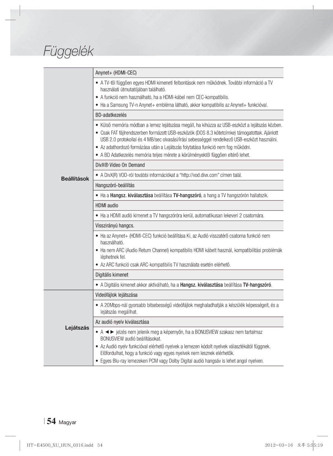 Samsung HT-E4500/EN, HT-E4550/EN manual Beállítások Lejátszás 