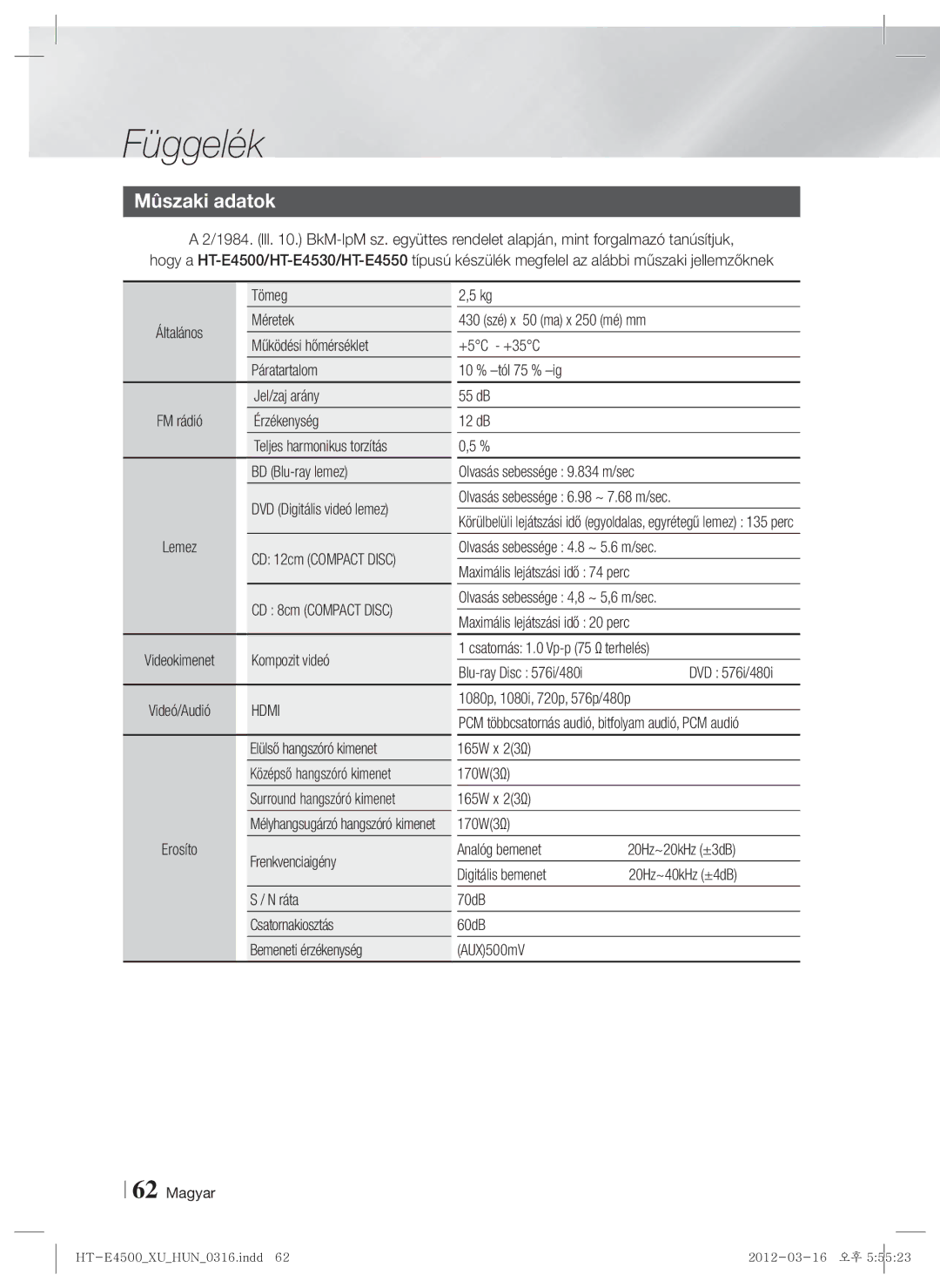 Samsung HT-E4500/EN, HT-E4550/EN manual Mûszaki adatok 