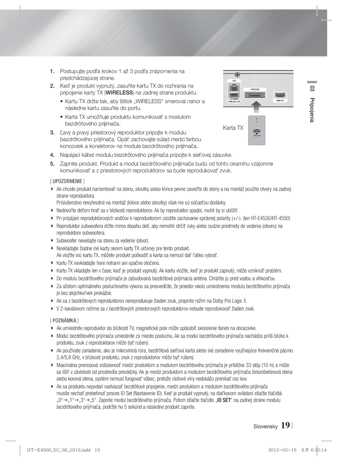 Samsung HT-E4550/EN, HT-E4500/EN manual Karta TX, Upozornenie 