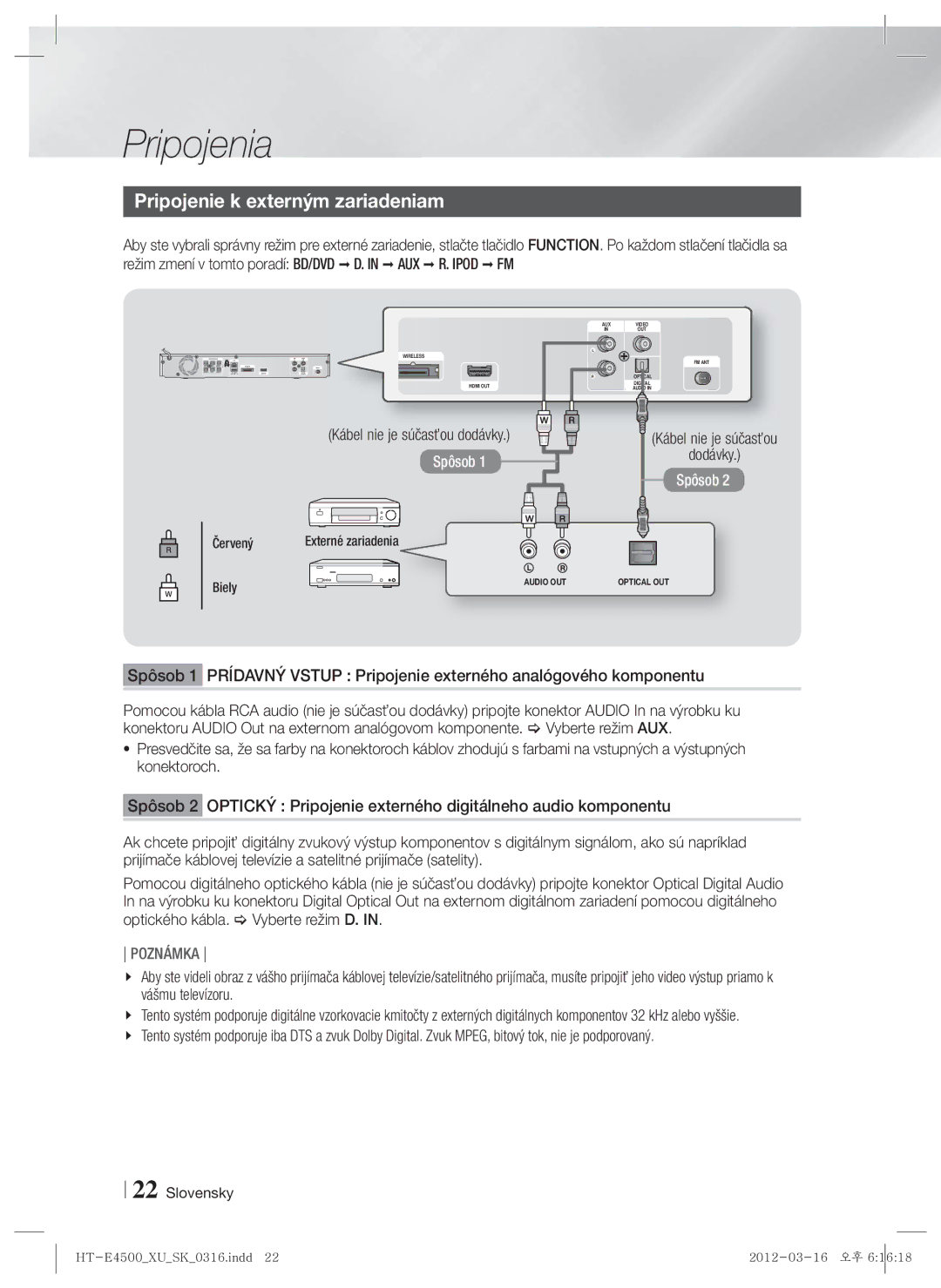 Samsung HT-E4500/EN, HT-E4550/EN manual Pripojenie k externým zariadeniam, Červený 