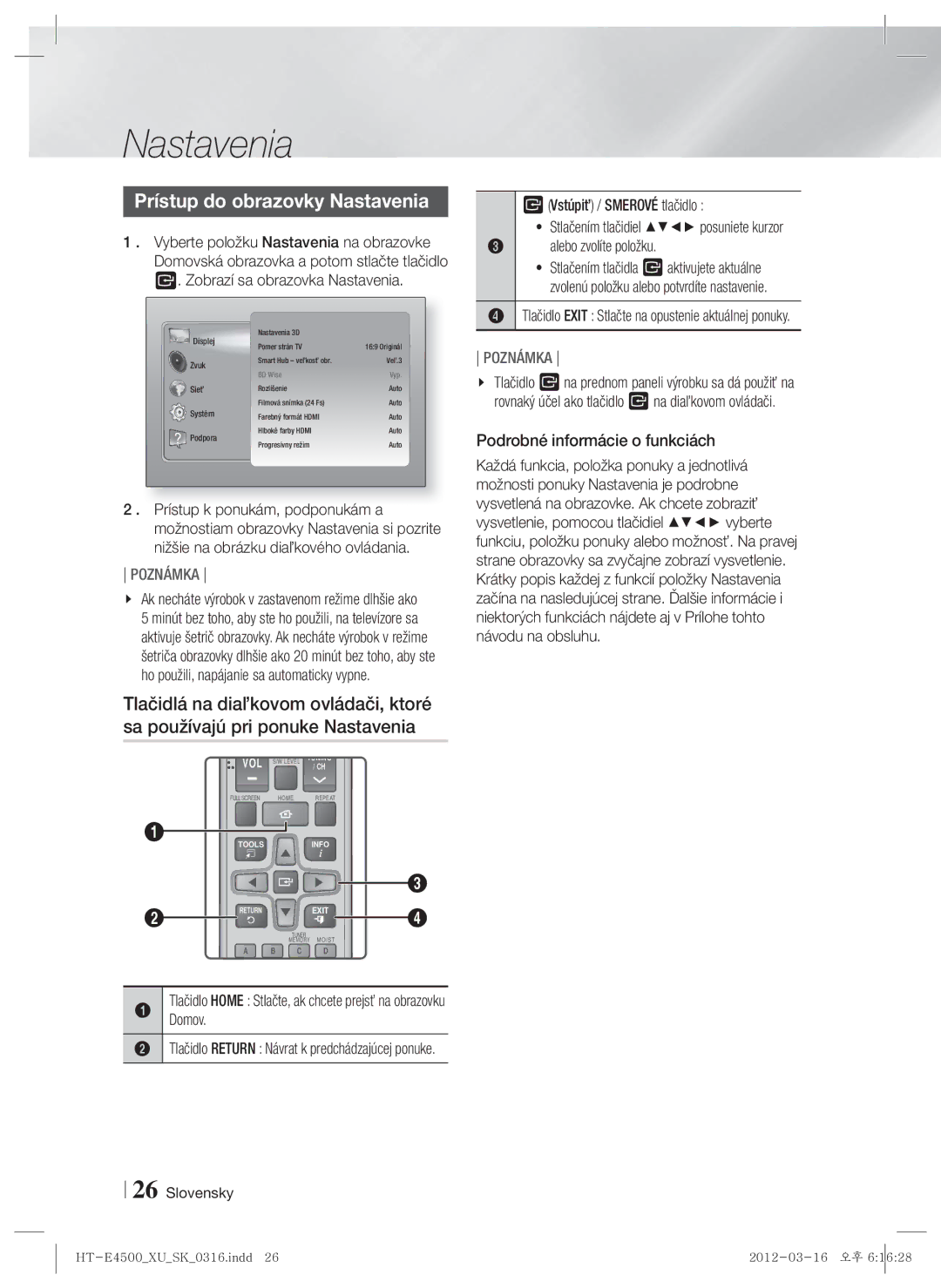 Samsung HT-E4500/EN, HT-E4550/EN manual Prístup do obrazovky Nastavenia, Tlačidlo Exit Stlačte na opustenie aktuálnej ponuky 