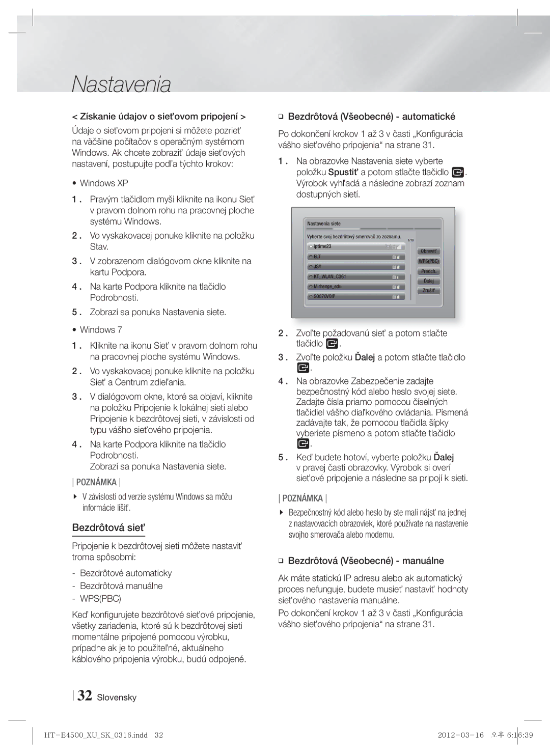 Samsung HT-E4500/EN, HT-E4550/EN Bezdrôtová sieť, Získanie údajov o sieťovom pripojení, Bezdrôtová Všeobecné automatické 