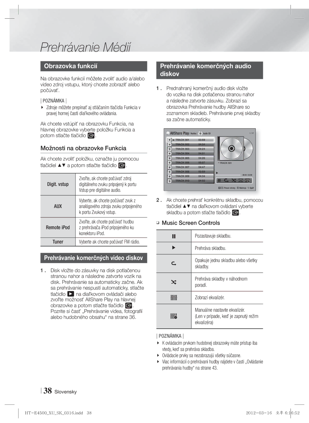 Samsung HT-E4500/EN, HT-E4550/EN Obrazovka funkcií, Možnosti na obrazovke Funkcia, Prehrávanie komerčných audio Diskov 