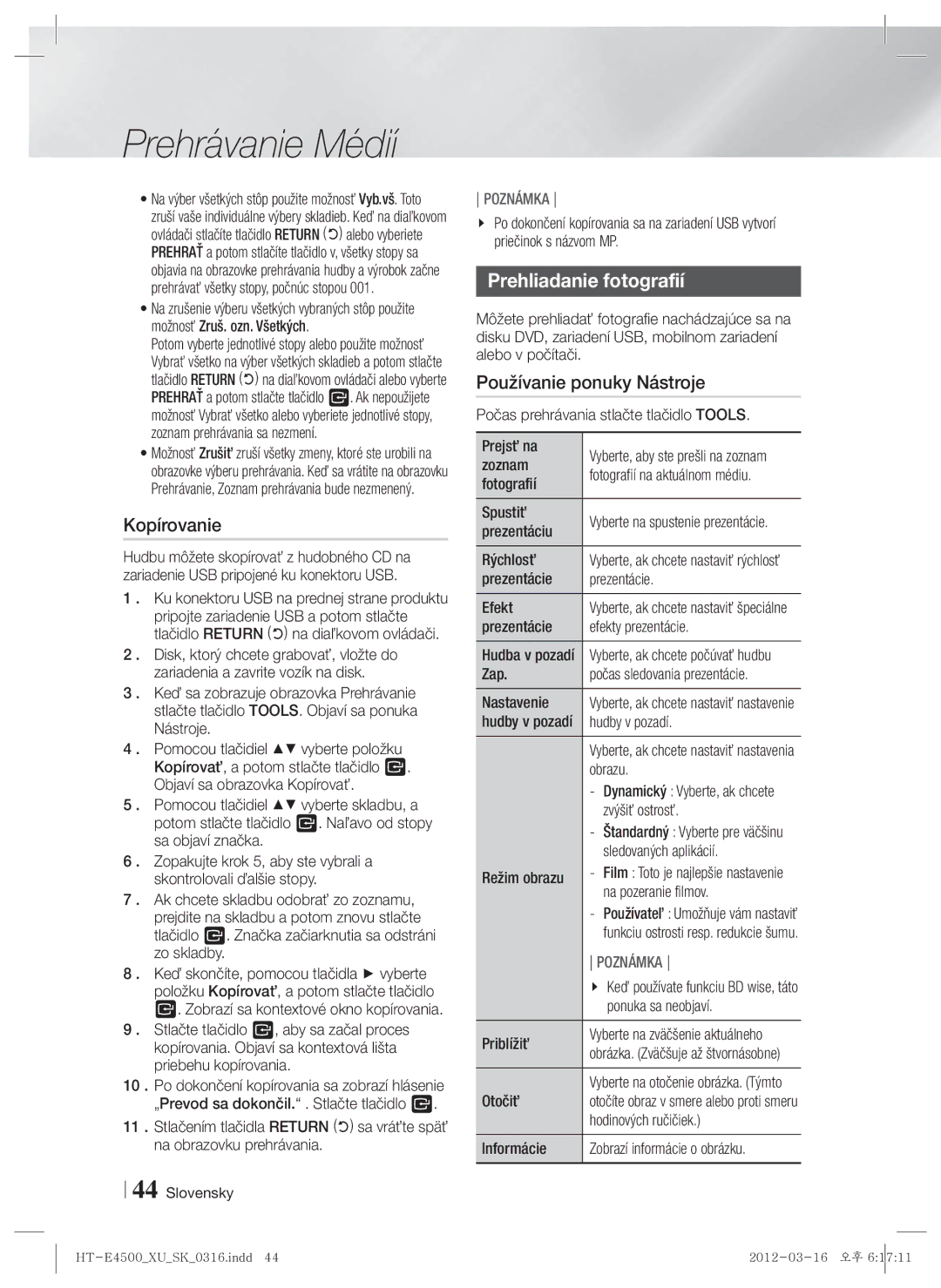 Samsung HT-E4500/EN, HT-E4550/EN manual Kopírovanie, Prehliadanie fotografií 