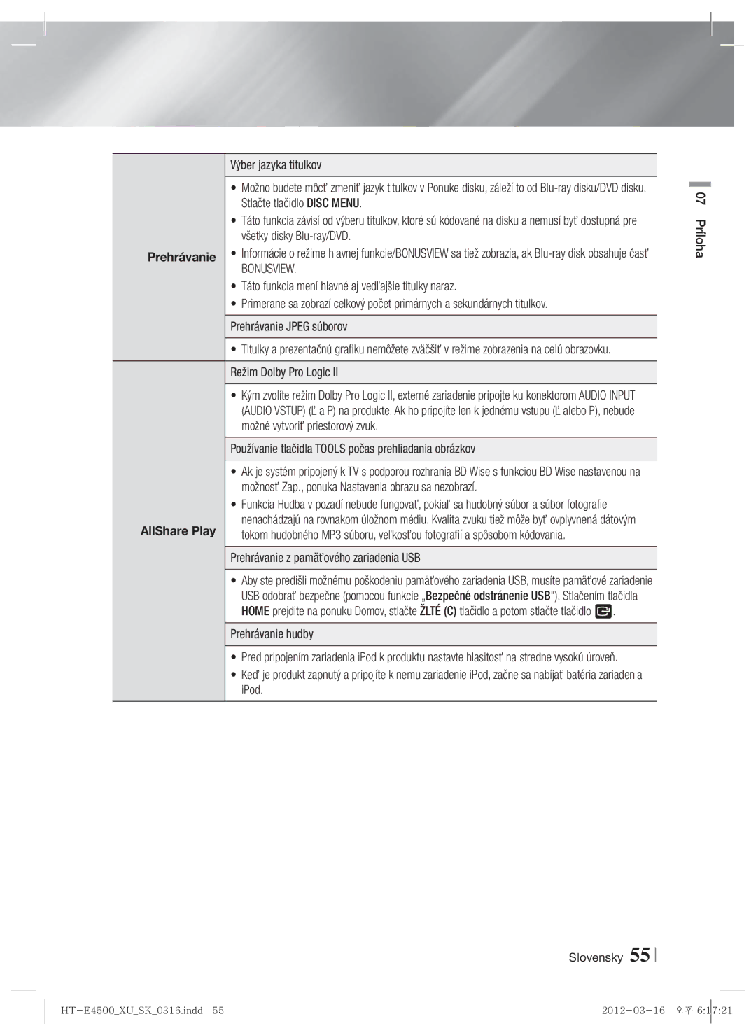 Samsung HT-E4550/EN, HT-E4500/EN manual Prehrávanie 